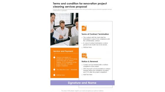 Terms And Condition For Renovation Project Cleaning Services Proposal One Pager Sample Example Document