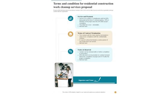 Terms And Condition For Residential Construction Work Cleanup Services One Pager Sample Example Document