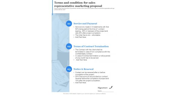 Terms And Condition For Sales Representative Marketing Proposal One Pager Sample Example Document