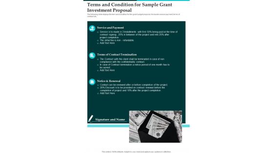 Terms And Condition For Sample Grant Investment Proposal One Pager Sample Example Document