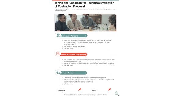 Terms And Condition For Technical Evaluation Of Contractor Proposal One Pager Sample Example Document