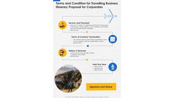 Terms And Condition For Travelling Business Itinerary For Corporates One Pager Sample Example Document