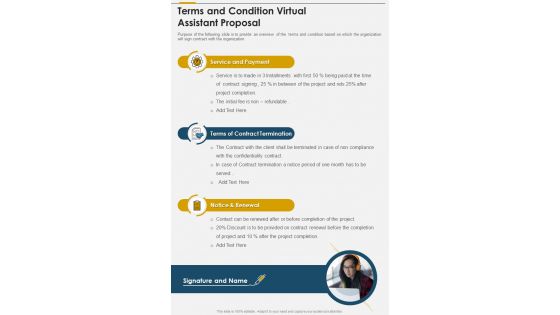 Terms And Condition Virtual Assistant Proposal One Pager Sample Example Document