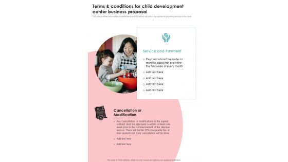Terms And Conditions For Child Development Center Business Proposal One Pager Sample Example Document