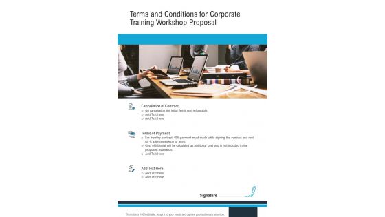 Terms And Conditions For Corporate Training Workshop Proposal One Pager Sample Example Document