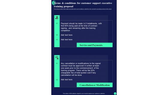 Terms And Conditions For Customer Support Executive Training Proposal One Pager Sample Example Document