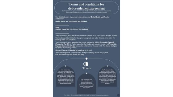 Terms And Conditions For Debt Settlement Agreement One Pager Sample Example Document