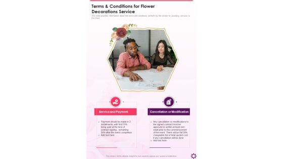 Terms And Conditions For Flower Decorations Service One Pager Sample Example Document