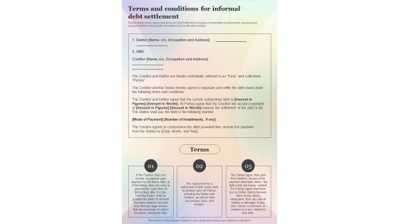 Terms And Conditions For Informal Debt Settlement One Pager Sample Example Document