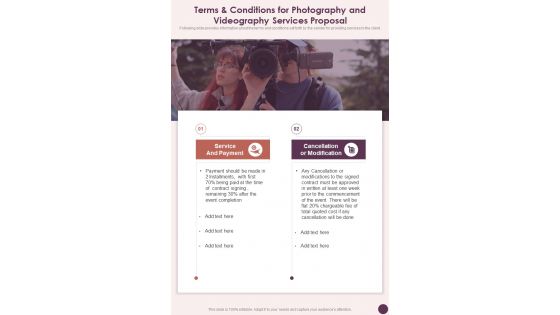 Terms And Conditions For Photography And Videography Services One Pager Sample Example Document