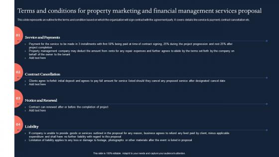 Terms and conditions for property marketing and financial management services proposal