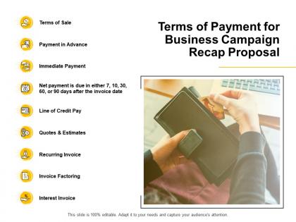 Terms of payment for business campaign recap proposal invoice factoring ppt powerpoint slides