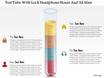 Test tube with lock headphone house and 3d man powerpoint template