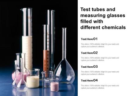 Test tubes and measuring glasses filled with different chemicals