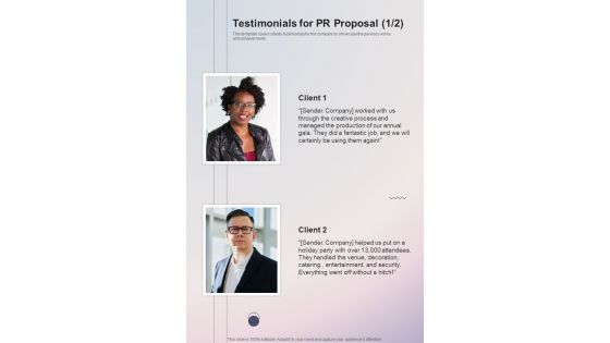 Testimonials For Pr Proposal One Pager Sample Example Document
