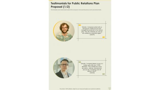 Testimonials For Public Relations Plan Proposal One Pager Sample Example Document