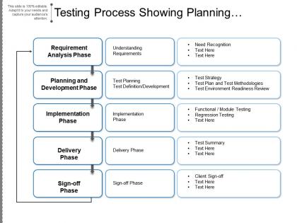 Testing process showing planning development delivery phase
