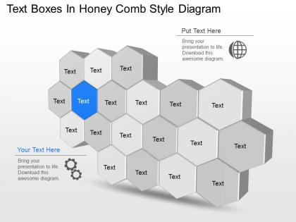 Text boxes in honey comb style diagram powerpoint template slide