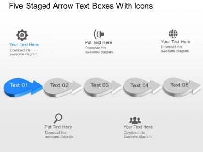 Th five staged arrow text boxes with icons powerpoint template slide