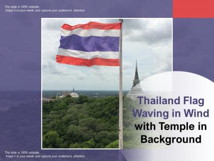 Thailand flag waving in wind with temple in background