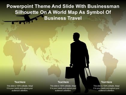 Theme and slide with businessman silhouette on a world map as symbol of business travel