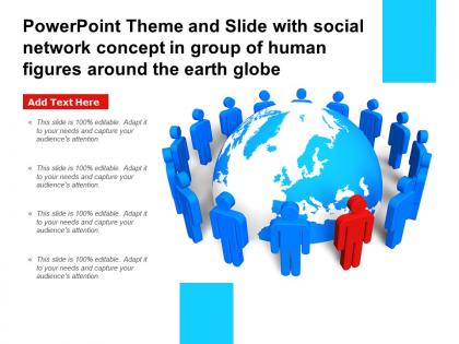Theme and slide with social network concept in group of human figures around the earth globe