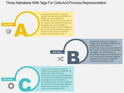 Three alphabets with tags for data and process representation flat powerpoint design