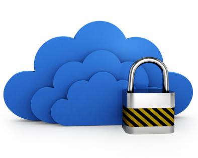 Three blue clouds with lock for security stock photo