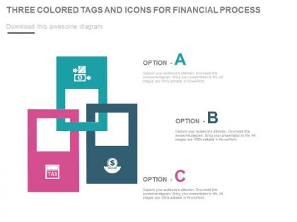Three colored tags and icons for financial process powerpoint slides