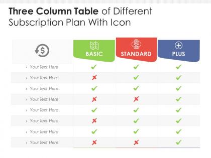 Three column table of different subscription plan with icon