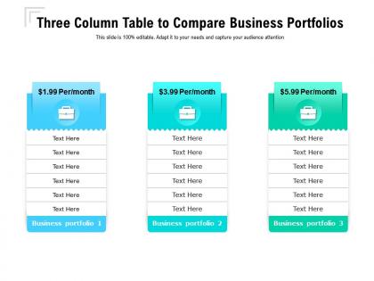Three column table to compare business portfolios