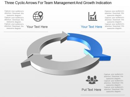 Three cyclic arrows for team management and growth indication ppt template slide