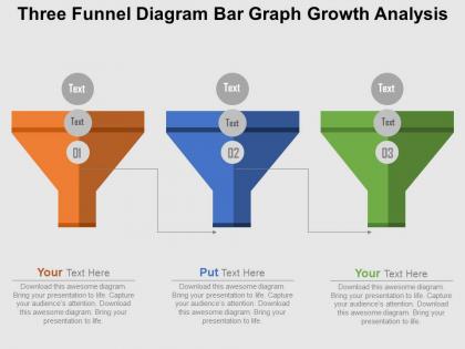 Three funnel diagram bar graph growth analysis flat powerpoint design