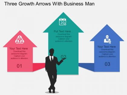 Three growth arrows with business man flat powerpoint design
