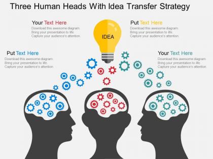Three human heads with idea transfer strategy flat powerpoint design