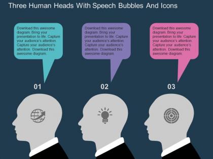 Three human heads with speech bubbles and icons flat powerpoint design