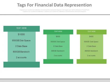 Three infographic tags for financial data representation powerpoint slides