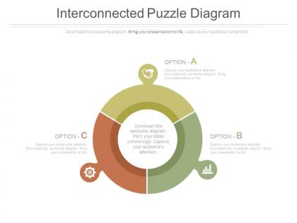 Three interconnected puzzle and icons diagram powerpoint slides