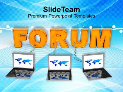 Three laptops connected to word forum powerpoint templates ppt themes and graphics