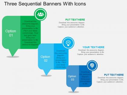 Three sequential banners with icons flat powerpoint design
