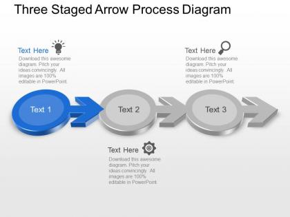 Three staged arrow process diagram powerpoint template slide