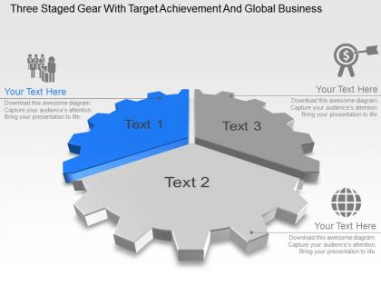 Three staged gear with target achievement and global business ppt template slide