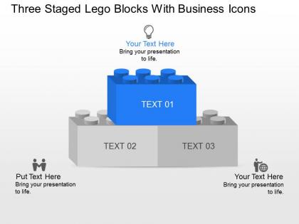 Three staged lego blocks with business icons powerpoint template slide