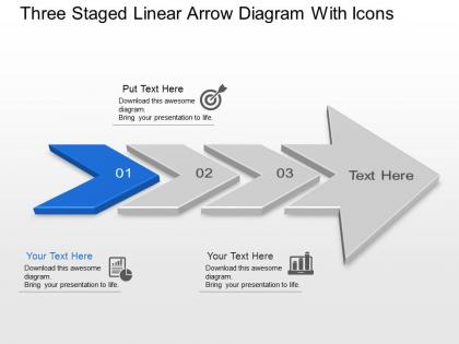 Three staged linear arrow diagram with icons powerpoint template slide