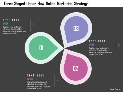 Three staged linear flow online marketing strategy flat powerpoint design