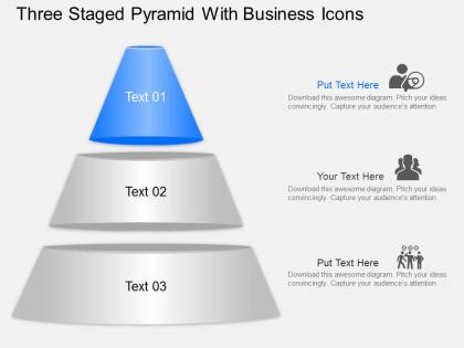 Three staged pyramid with business icons powerpoint template slide