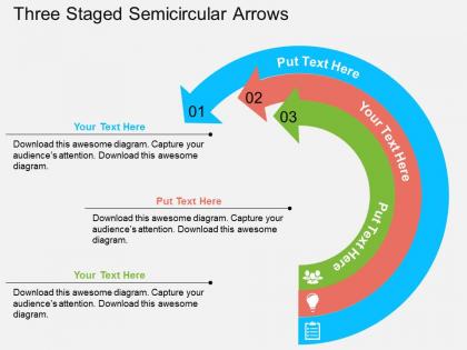Three staged semicircular arrows flat powerpoint design