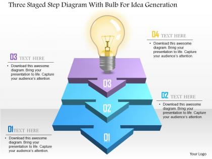 Three staged step diagram with bulb for idea generation powerpoint template