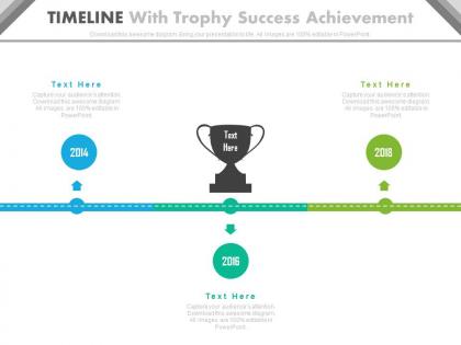 Three staged timeline with trophy success achievement powerpoint slides