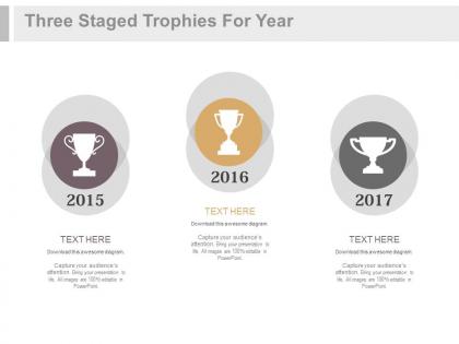 Three staged trophies for year based success records powerpoint slides